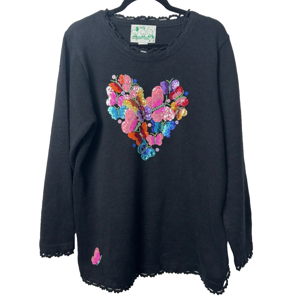 Vintage Quacker Factory Womens L Sweater Embellished Sequins Heart Butterfly A8